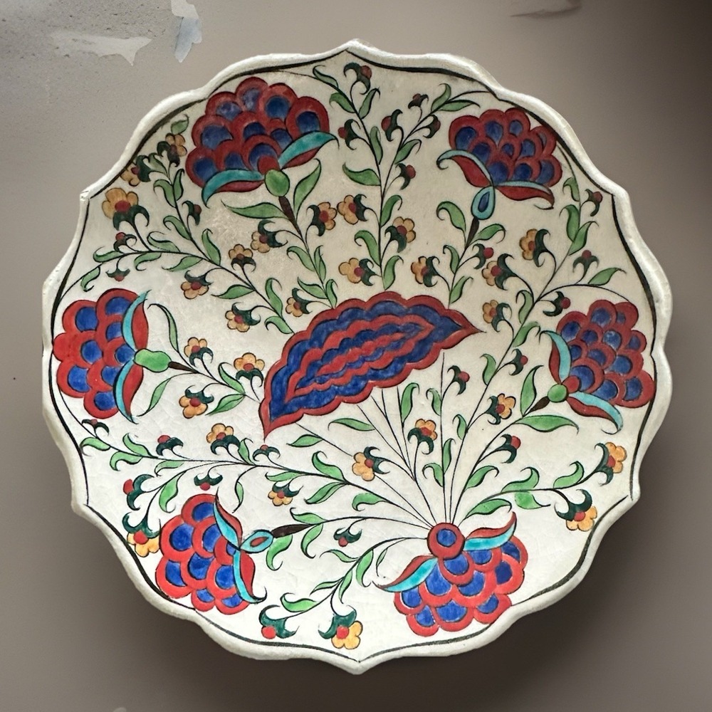Vintage Turkish Greek Pottery Plate Multi Color Flowers Hand Made Signed 7"
